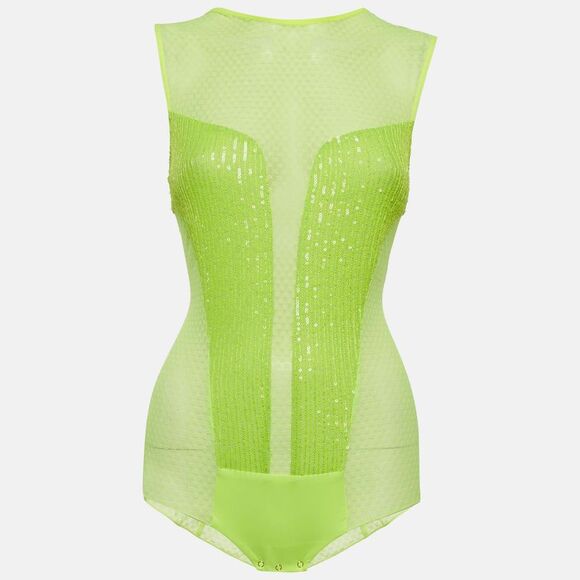 Elisabetta Franchi Tops - Elisabetta Franchi Neon Green Mesh Sequin Bodysuit M